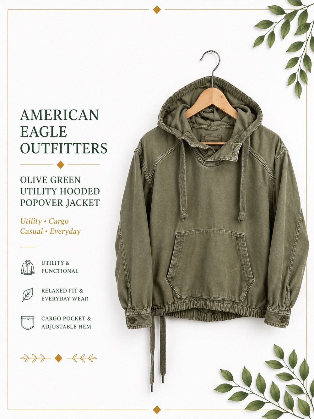 American Eagle Olive Green Utility Hooded Popover Jacket Cargo XS